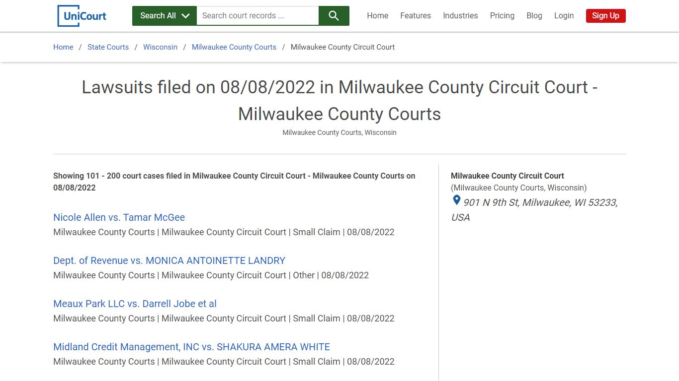 Lawsuits filed on 08/08/2022 in Milwaukee County Circuit Court ...